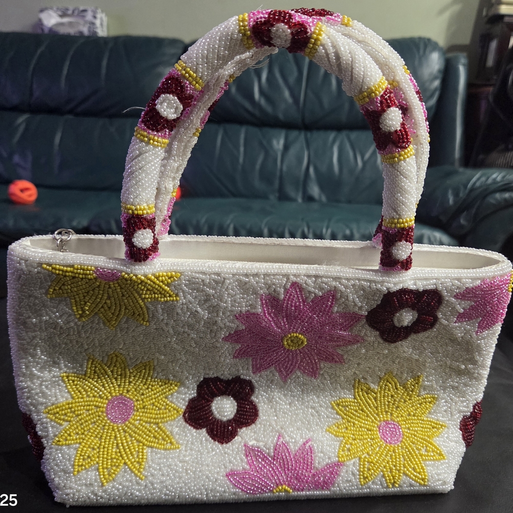 #12 - Floral Beaded Handbag - White, Pink, Yellow